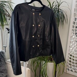 Zara Double-Breasted Black Leather-like Jacket